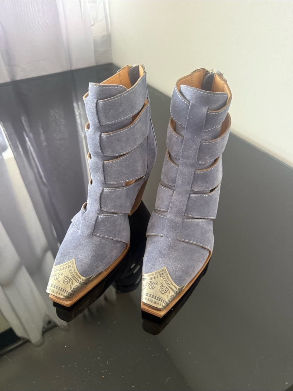 New! Free People Blue Suede Western Cutout Ankle Boots Metallic Toe Size US 6